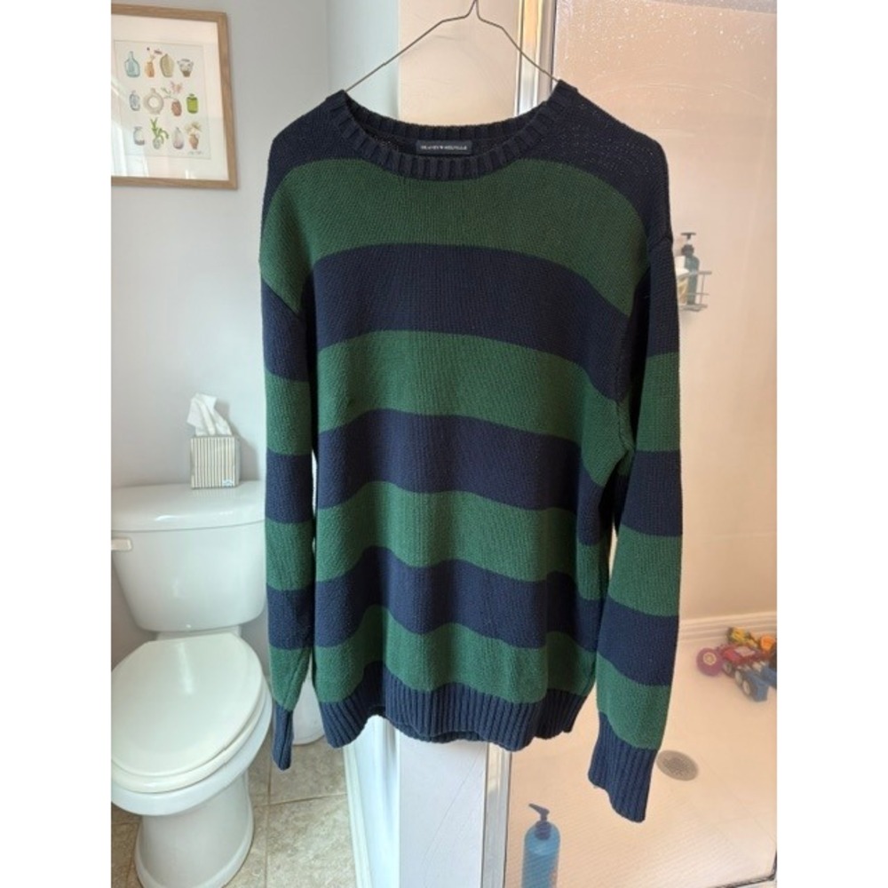 Brandy Melville Green Navy Striped Rugby Sweater 100% Cotton Oversized OS